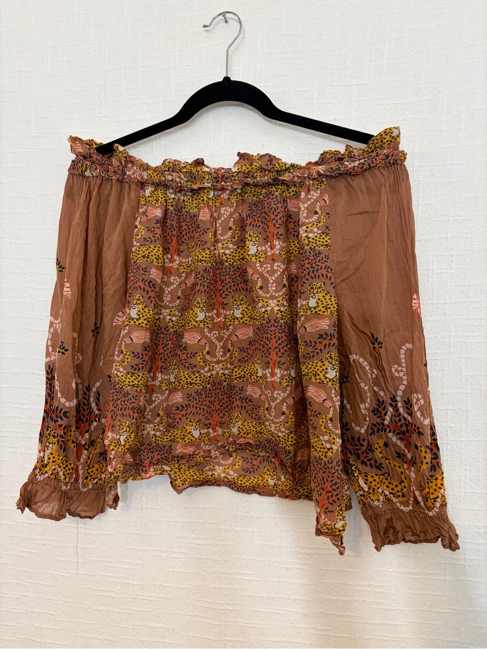 Printfresh Brown Multicolor Animal Print Off-Shoulder Peasant Ruffle Blouse S